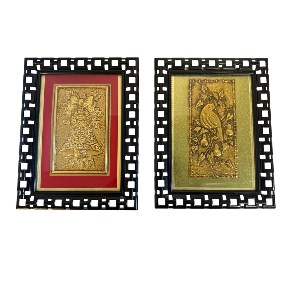 Vintage 3D Gold Foil Christmas Wall Art Set Bell Partridge Pear Tree Black Frame